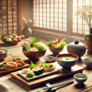 DALL·E 2024-08-31 17.55.09 - A serene and traditional Japanese kitchen scene featuring a variety of Washoku dishes, including miso soup, sushi, and seasonal vegetables, all arrang